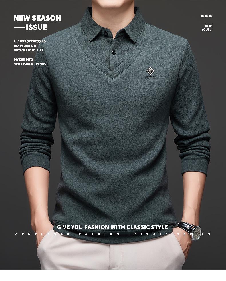 Men's Two-Piece Base Layer Long Sleeve Polo Shirt - Thickened Knit with Velvet, Wool Lapel, Casual Style for Middle-Aged.