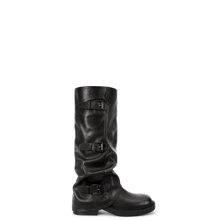 Su Yinyin, the Same Spice Girl Pant Tube Boots, Thick-soled Heightened Medium Tube Belt Buckle, Western Knight Boots, Black Stacking Boots for Women