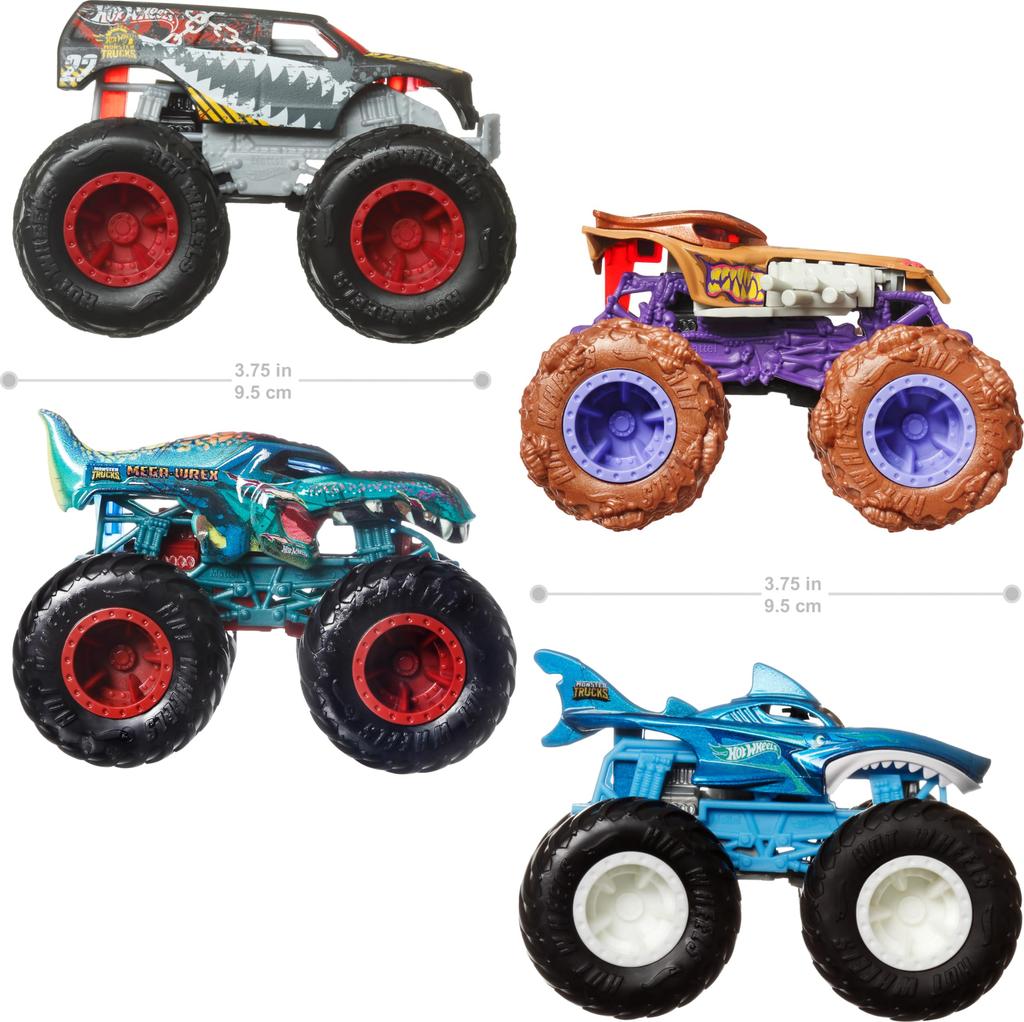 Hot Wheels Monster Trucks, 1:64 Scale Monster Trucks Toy Trucks, Set of 4, Giant Wheels, Favorite Characters and Cool Designs (Amazon Exclusive)