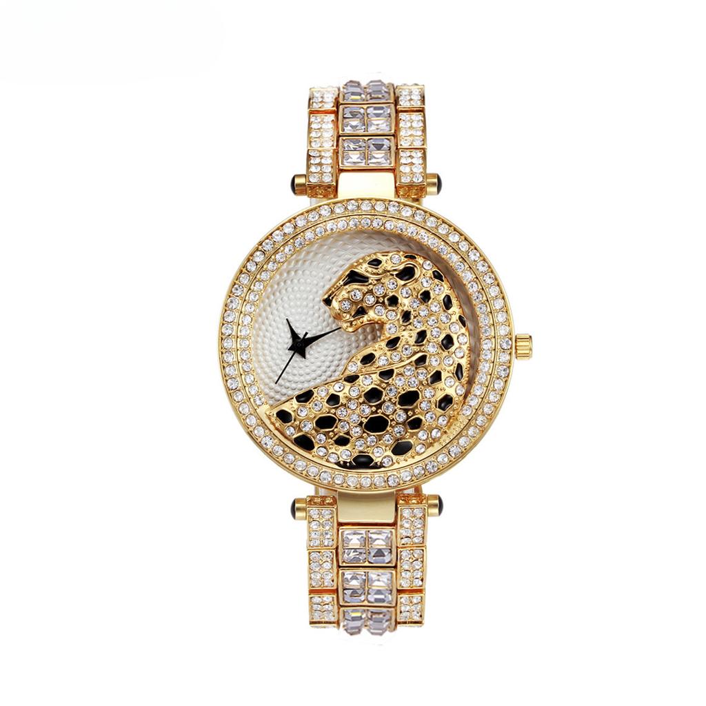 Quartz Watch Alloy Round Waterproof European Style Fashion Leopard Full Diamond Watch for Women