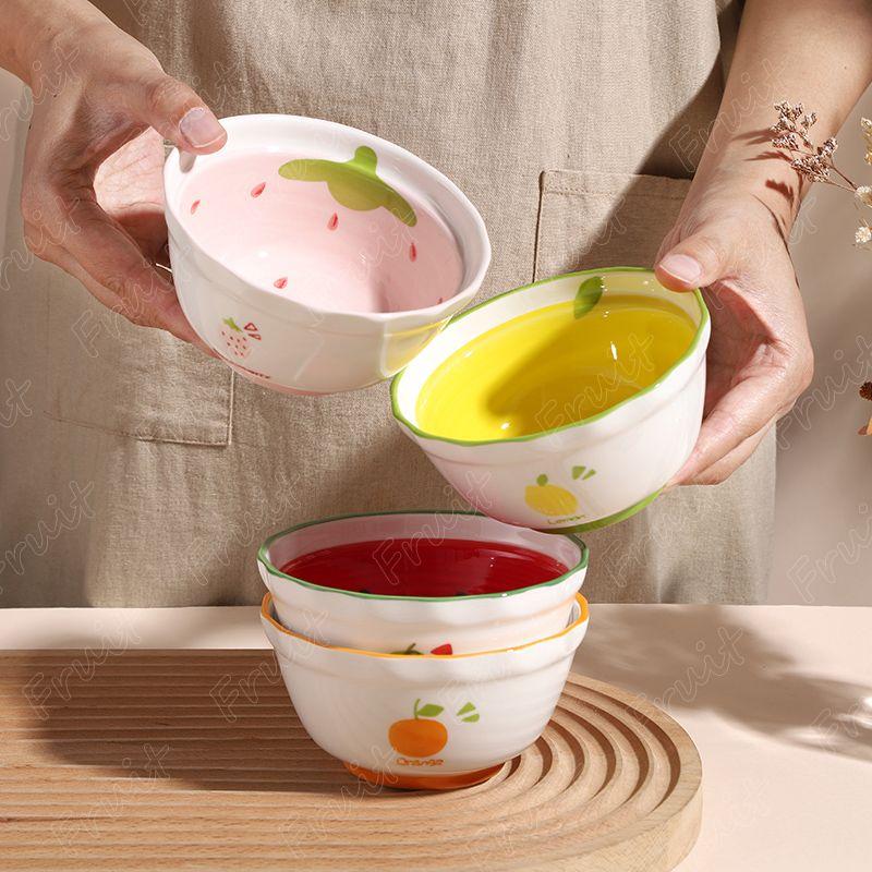 4Pcs Fruit Shaped Ceramic Bowl Kawaii Ceramic Anti-scald Soup Bowl Home Kitchen Noodle Ramen Tableware Bowl