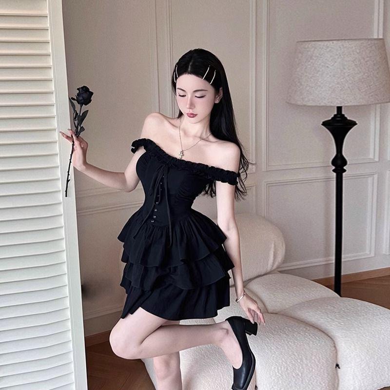 2024 Women's Black Ruffle Suspender Dress - Summer Sexy Cake Style