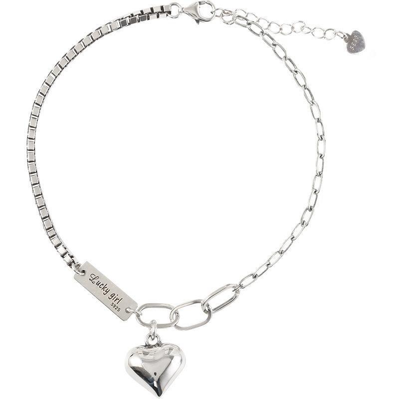 Korea 925 Sterling Silver Heart Bracelet Female Retro Thai Silver square Letter Bracelet Simple Jewelry 20.5cm&CLASSIC
