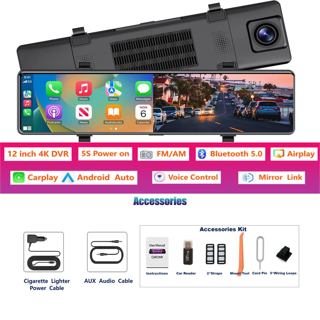 Aprilboy 12'' 4K Carplay&Android Auto Car DVR Dash Cam View Mirror Camera for Video Recorder Rearview Dash Cam 1080P Rear Camera