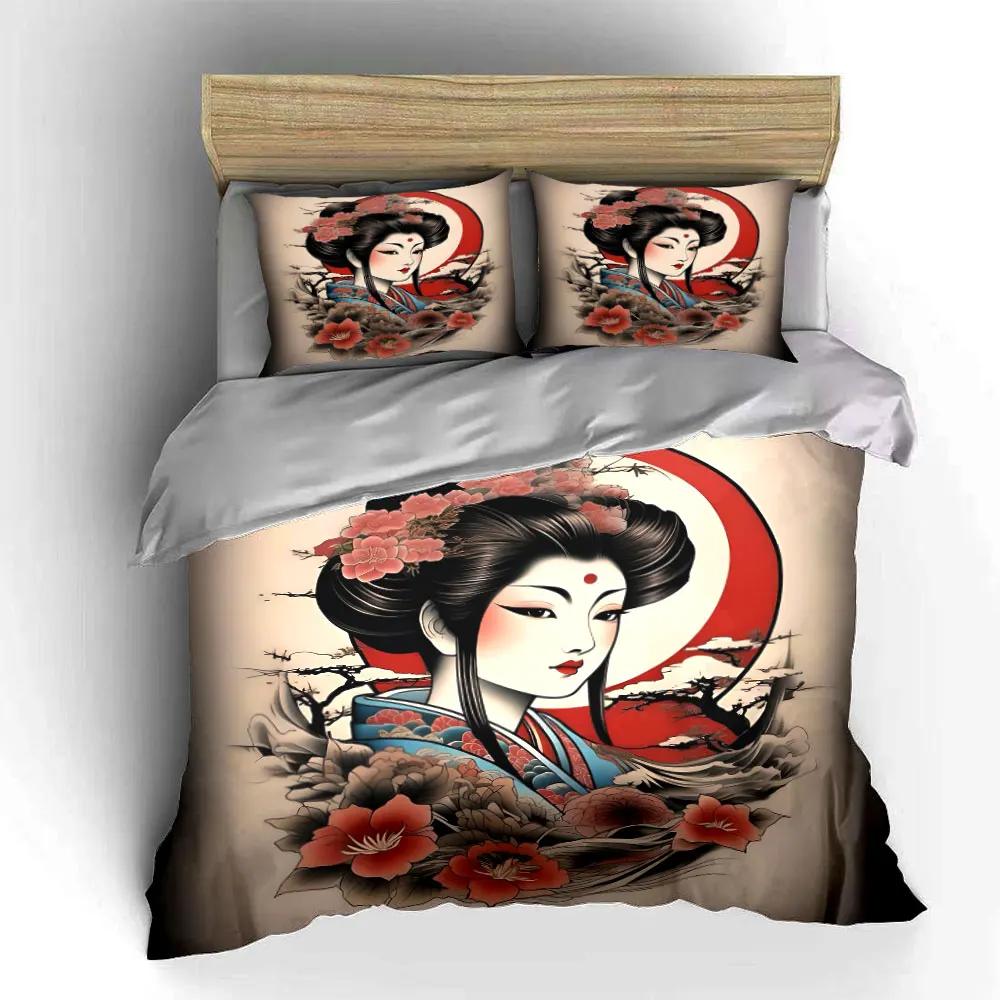 Japanese Art Decor Set Bedding Set with 1 Duvet Cover 2 Pillowcases Single Double King Queen Gift