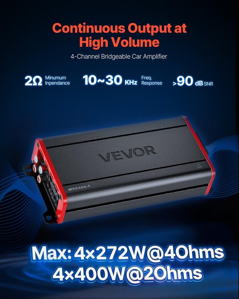 Car Audio Amplifier, 4-Channel Bridgeable Car Amplifier, Multichannel Class D Stereo Amp, Max. 4 x 272W at 4 Ohms / 4 x 400W at 2 Ohms, High Output,