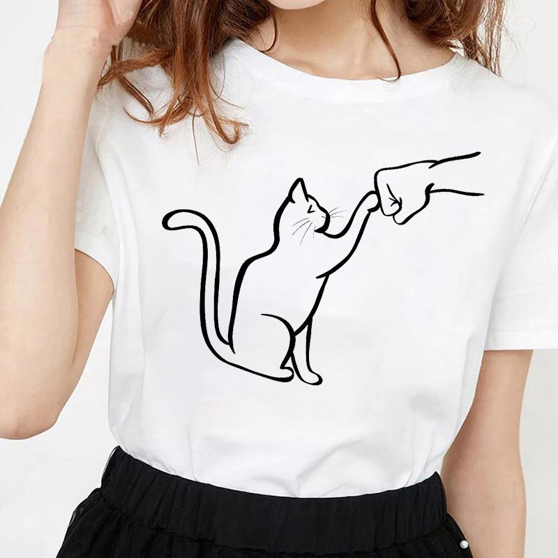 Kawaii Cat Line Drawing Minimalist Print T Shirt Female Harajuku Aesthetic Streetwear Summer Clothes for Women Camisa Masculina