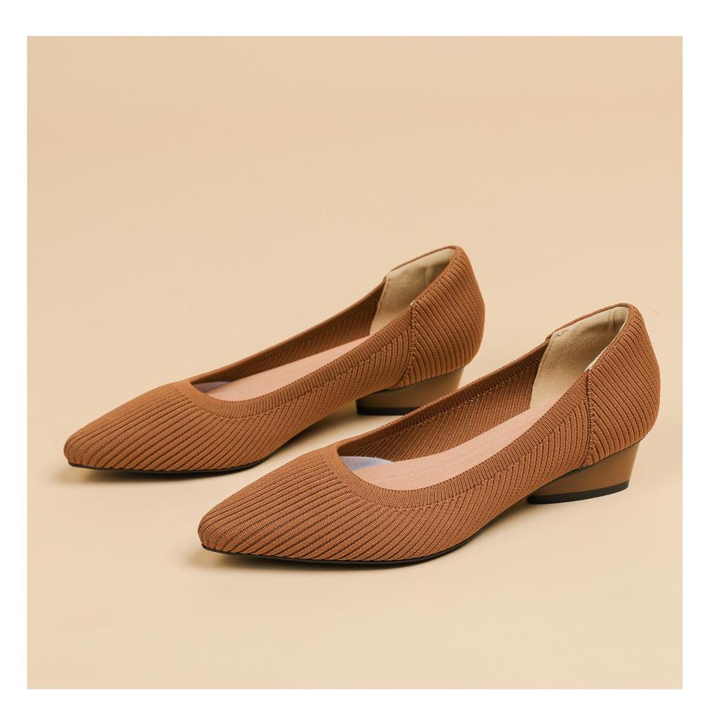 B35-3 Pointed Toe Low-Cut Chunky Heel Breathable Plus Size Striped Knit Shoes