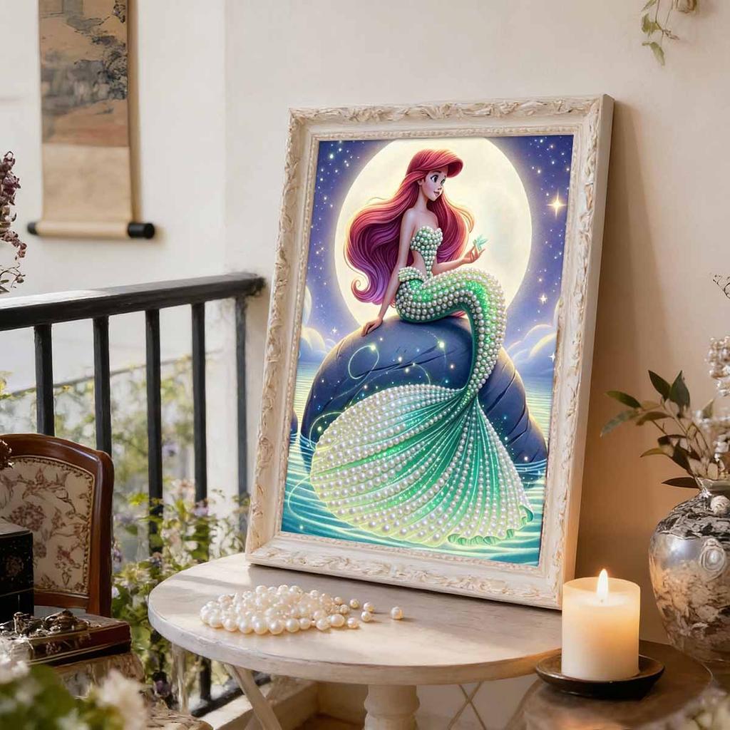 Dreamy Pearl-Inlaid Little Mermaid Frameless Art | Moonlit Starry Bg, Handmade Pearl & Diamond Craft, Ideal for Retro, Fairy, Luxury Home Decor