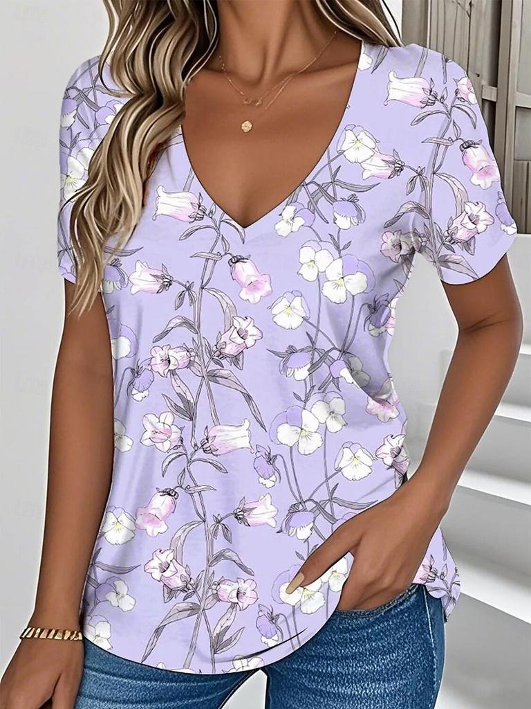 3D Printed Short Sleeve Floral Retro Printed Women's V-Neck Pullover T-Shirt Summer Loose Women's Casual Short Sleeve Top