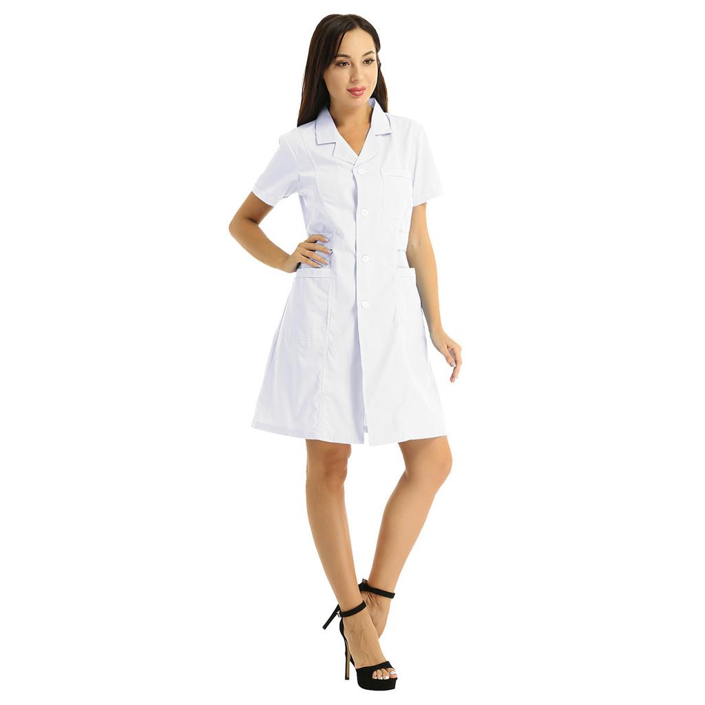 Hospital Lab Coat Uniform S-XXL for Women Adults - Solid Color Scrub Dress with Lapel Collar Short Sleeve and Button Front