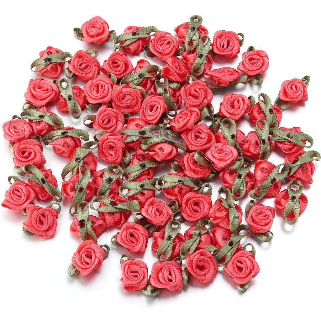 50pcs 1.5x2.5cm Mini Rose Flower Polyester Satin Ribbon Rosettes Fabric Appliques For Wedding Party Clothing Sewing Decoration