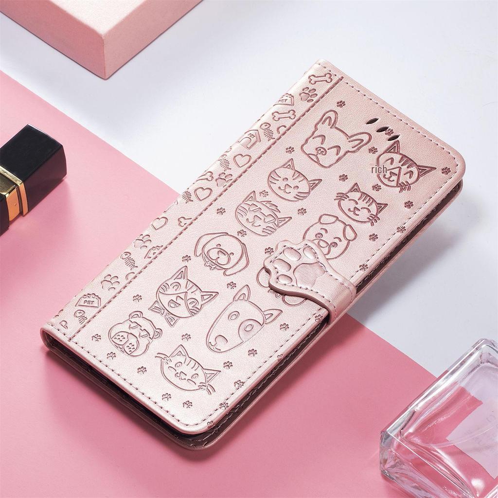 iPhone 16 Flip Leather Case - PU Embossed Cat Dog Design - Compatible with Apple 15