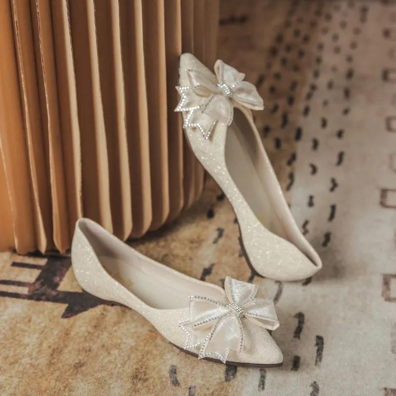 Fashion French Style Elegant Party Woman Flats With Bow Slip-on Pointed Toe Lastest Summer 2025 Quick Delivery Shoe Non Shoes for Women