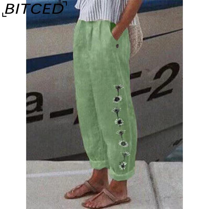 BITCED Fashion Popular Floral Print Harem Pants with Flower Pockets Mid Waist Trousers Streetwear