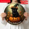 2D Flat, 1pc Decorative Plaques and Ornaments Sign, Round Distressed Aluminum Buon Halloween Witch Black Cat Hanging Plaque, Pumpkin Rose Leaf