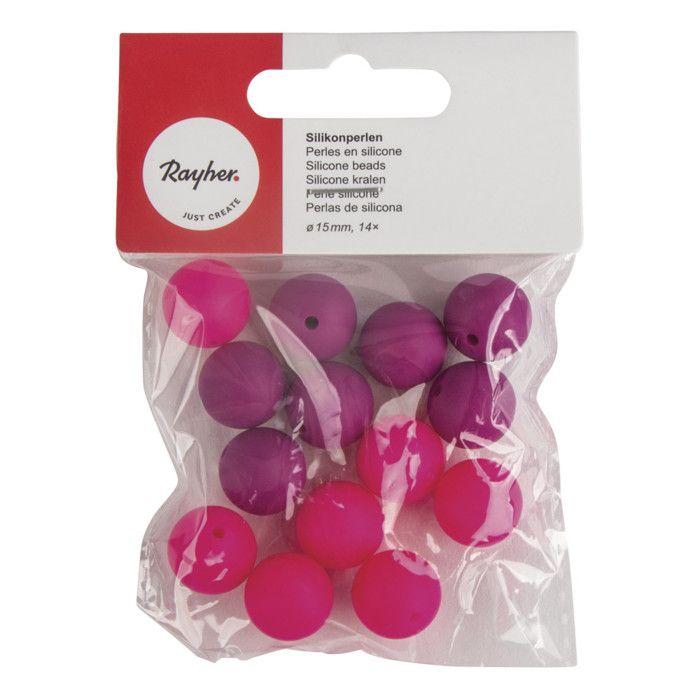 Perles en silicone, 15mm ø, tons rose foncé, 14 pces