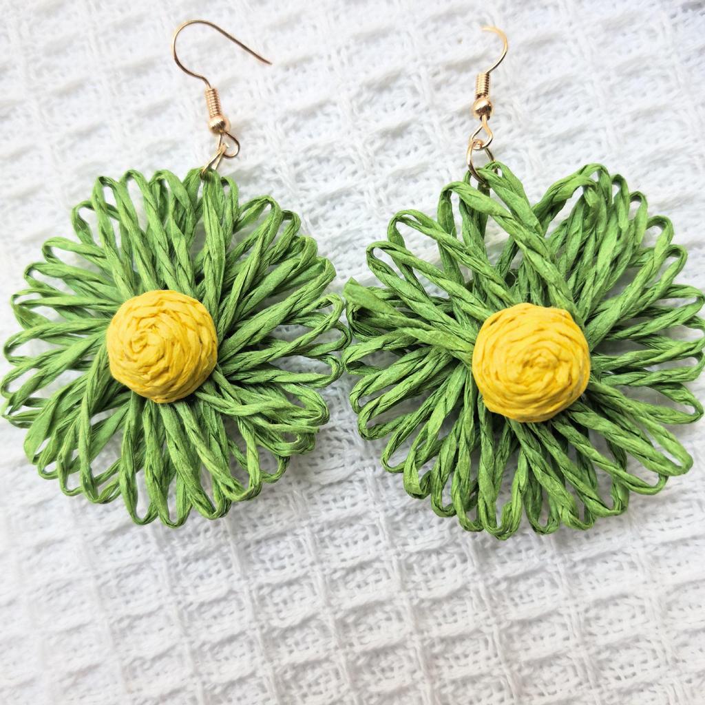 Bohemian Raffia Woven Flower Earrings & Brooches