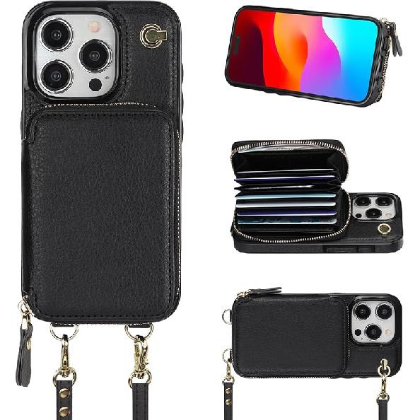 Bocasal Crossbody Wallet Case for iPhone 15 Pro, RFID Blocking Leather Purse Case with Card Holder, Protective Handbag Flip Cover with Zipper Wrist