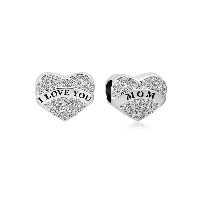 European Silver Heart Shape I Love You Mom Family Fit Original Fashion Diy Bead Charm Bracelet Necklace Trinket Women Jewelry