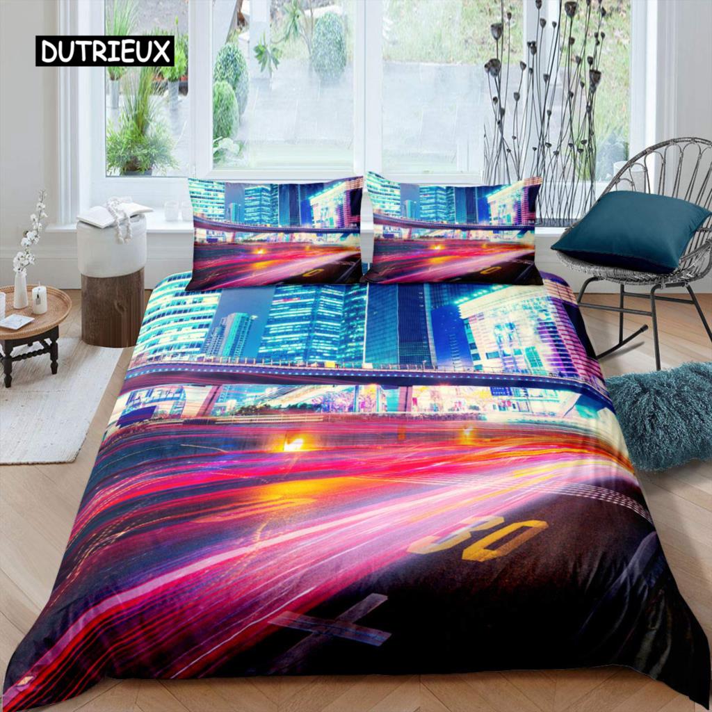 Cityscape Duvet Cover Set New York City Night View Quilt Cover for Boys Adults Microfiber Building Bedding Set 2/3Pcs King Size