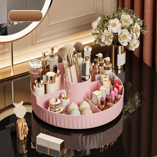 מארגן איפור מסתובב 360 מעלות קופסת אחסון קוסמטיקה עם מחזיק למברשות איפור מארגן עגול לשולחן איפור לטיפוח עור, בשמים, קרמים