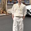 Men's Cream Stand Collar Long-Sleeve Shirt with Rose Embroidery Decorative Buttons