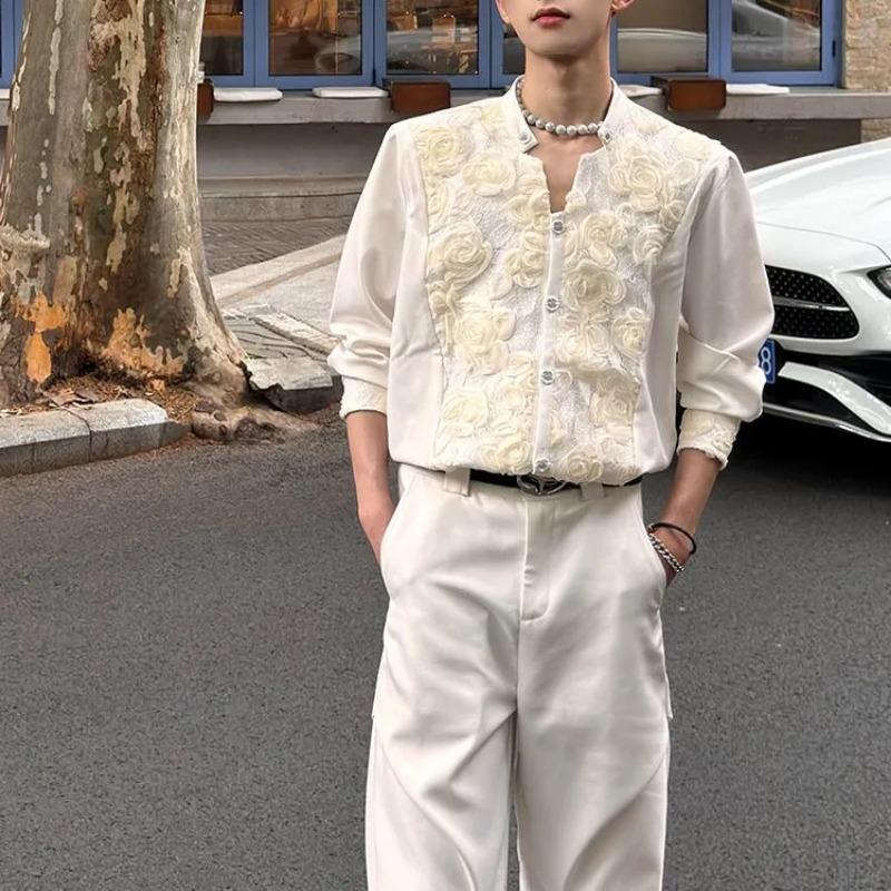 Men's Cream Stand Collar Long-Sleeve Shirt with Rose Embroidery Decorative Buttons