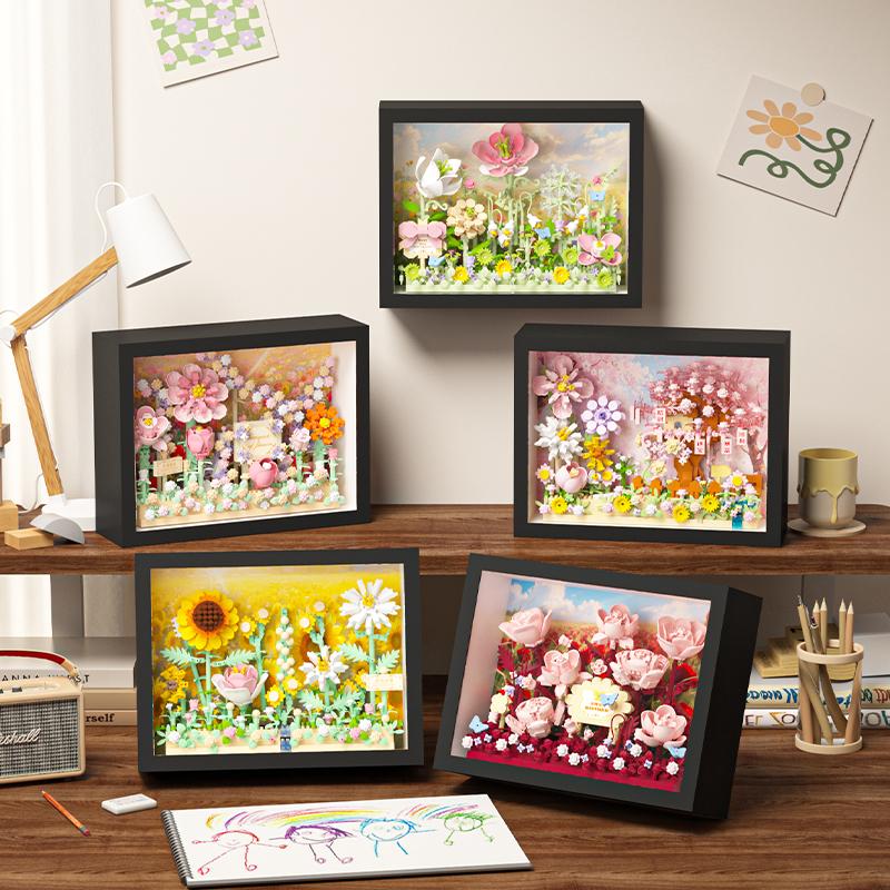 Creative MOC Assembled Building Block Toy Cherry Blossom, Rose, Sunflower, Santa Claus Flower Photo Frame Series Birthday Gift