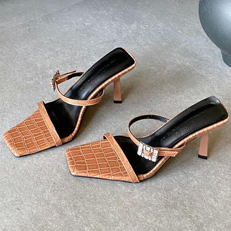 

Fashion Luxury Rhinestone Buckle Women Sandals Square Toe Open-toe Thin Heel Designer Shoes Summer Fashion Comfort Non-slip Slide Sandal 35 коричневый