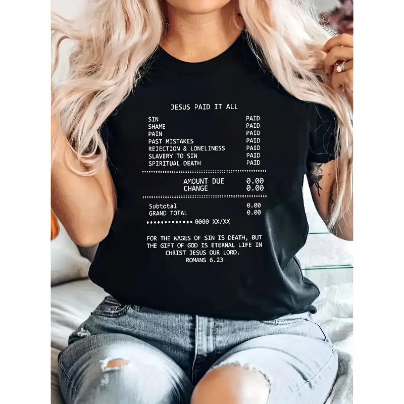 

European sizes Women S Inspirational Graphic Print T-Shirt - Short Sleeve Crew Neck Casual Top with Jesus Paid It All Design 4XL