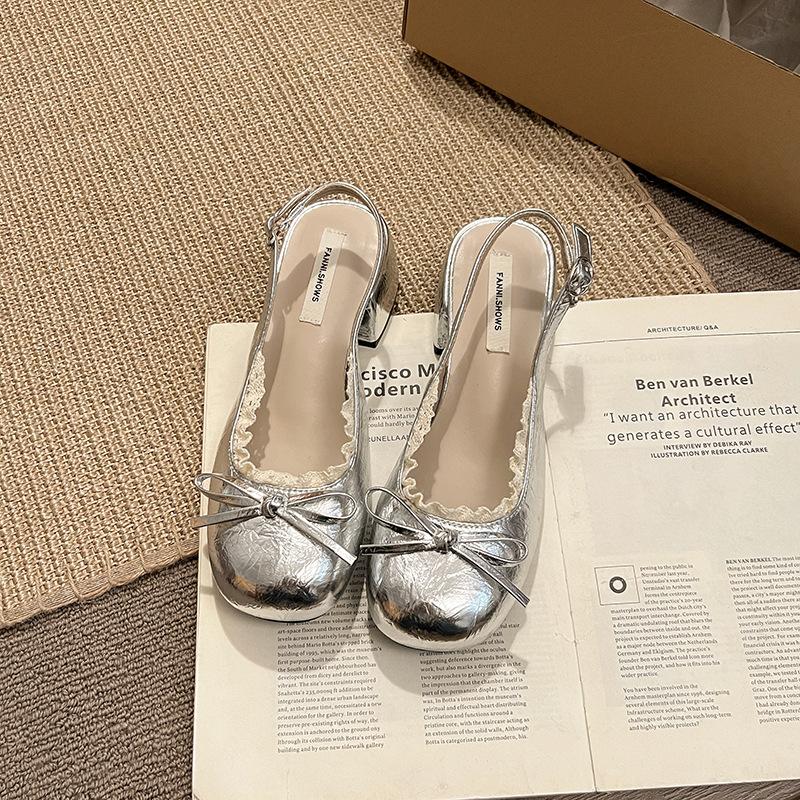 Silver French Ballet Light Mouth Thick Heel High Heels Women's Summer 2025 New Skirt Heightening Mary Jane Single Shoes