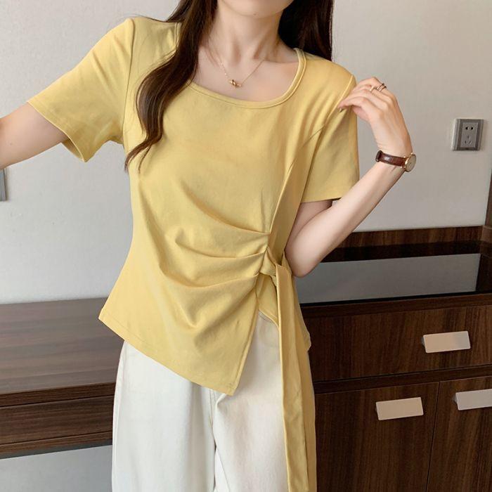Irregular summer bottoming shirt large size women's short drawstring T-shirt short sleeve T-shirt round neck niche v-neck strap French