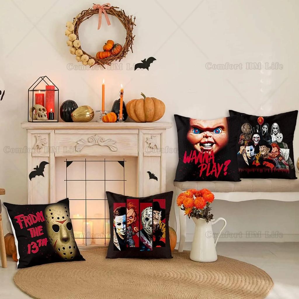 4Pcs Horror Classic Movie Characters Pillow Covers 18X18 Inch Halloween Throw Pillowcases Linen Decorative Square Cushion Covers