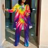 Women Plus Size Casual Matching Set Round Neck Three Quarter Sleeve Irregular Hem Top And Printed Wide Leg Pants