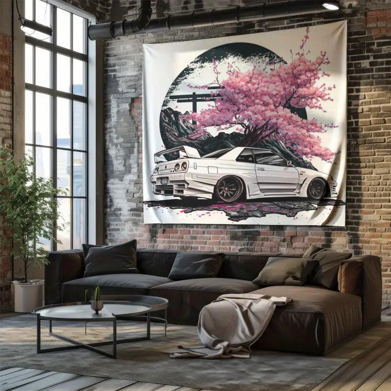Cherry Blossom Tree with White Sports Car A Dreamy Atmosphere Wall Tapestry for Your Home
