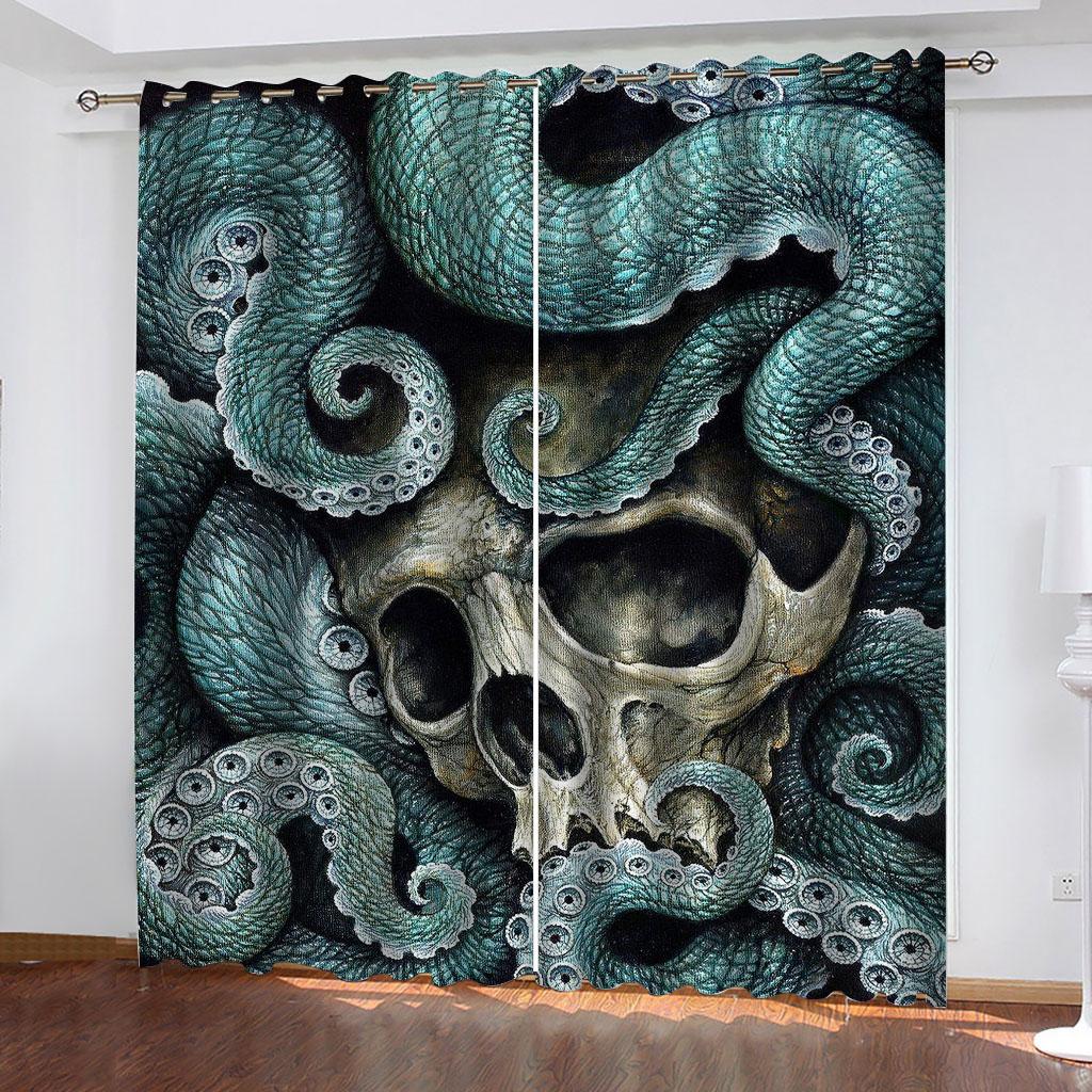Skull Terror Skeleton Horror Crows Black Boy Window Curtains Drapes for Kids Bedroom Living Room Kitchen Door Home Decor 2Pieces