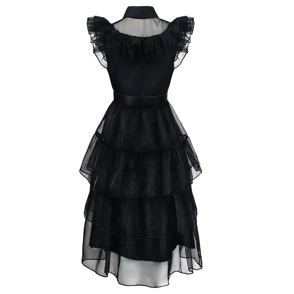 Auf Lager: Addams Family Wednesday Addams Schwarzes Kleid Halloween Cosplay Kostüm
