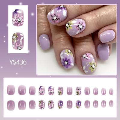 24 Pieces Press On Nail Short Square False Nail Purple Floral French Tips Full Cover Manicure Designs for Women