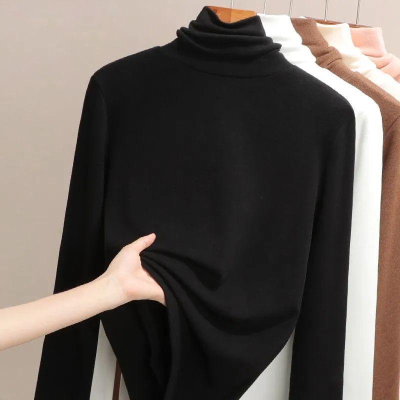 Women Thermal Underwear Winter Thicken Turtleneck Bottom Shirt De Velvet Warm Tops Semi High Collar Neck Long Sleeve Pullovers