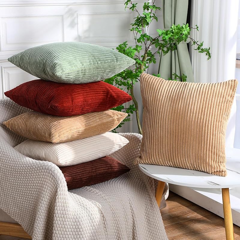 6 Pcs Winter Corduroy Throw Pillow Covers Bulk 18x18 Multicolor Striped Decorative Square Soft Plush Throw Pillow Cases Modern Style for Living Room