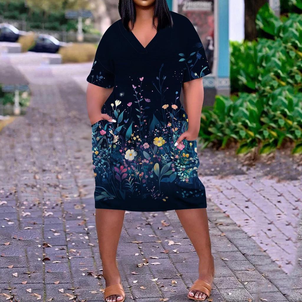 Summer Plus Size V Neck Short Sleeve Knee Pocket  Print Casual Dress For Women