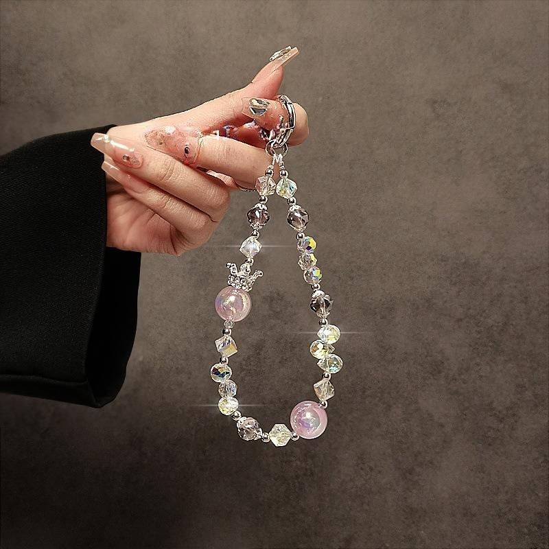 Crown Crystal Beaded Fashionable High-End Mobile Phone Chain Short Wrist Portable Keychain Ornament for Stylish Accessory