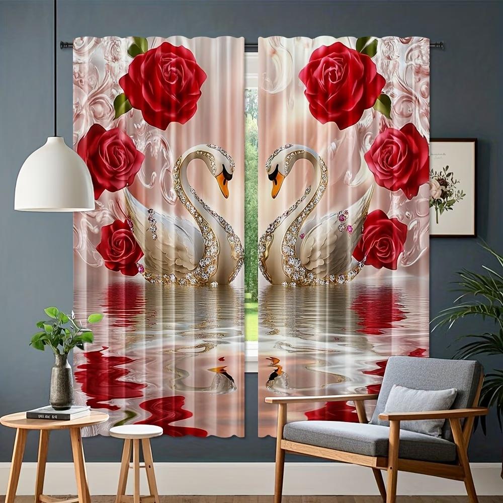 2PCS Digital Printed Curtains, Red Flower Swan Elegant Romantic Bird Floral, Window Drapes for Living Room Bedroom Home Decor