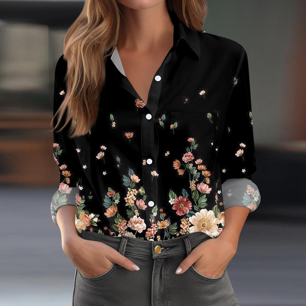 Women's Shirt Blouse Print Button Long Sleeve Casual Basic Shirt Collar Regular Top With Pockets