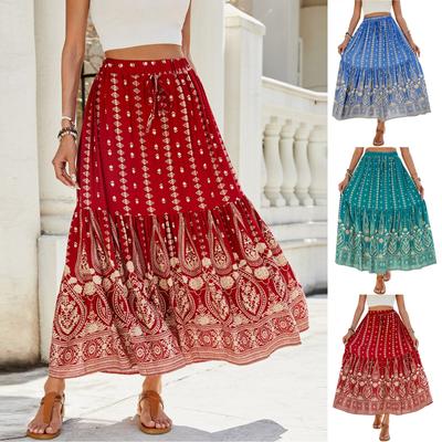 Women's Smocked Floral Maxi Skirts Summer Tube Dresses  Long A Line Pleated Beach Skirt