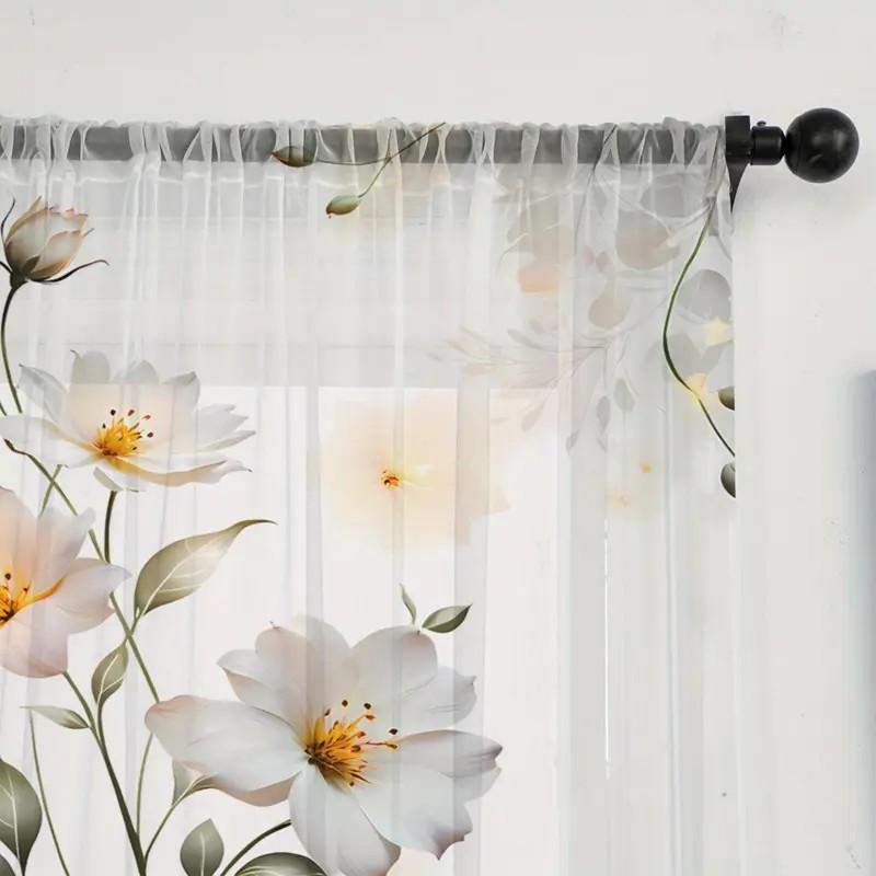 2 szt. miękkie i eleganckie jasnobiałe zasłony kwiatowe: nadaje się do nauki/codziennego użytku   prosty styl   styl słupkowy