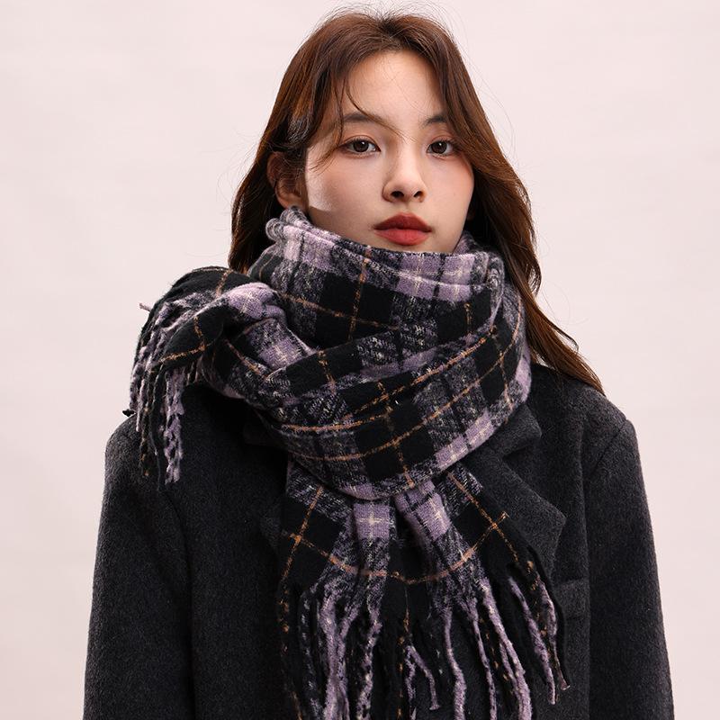 Taro purple high-end scarf women's winter woven wool versatile plaid shawl soft waxy retro warm scarf
