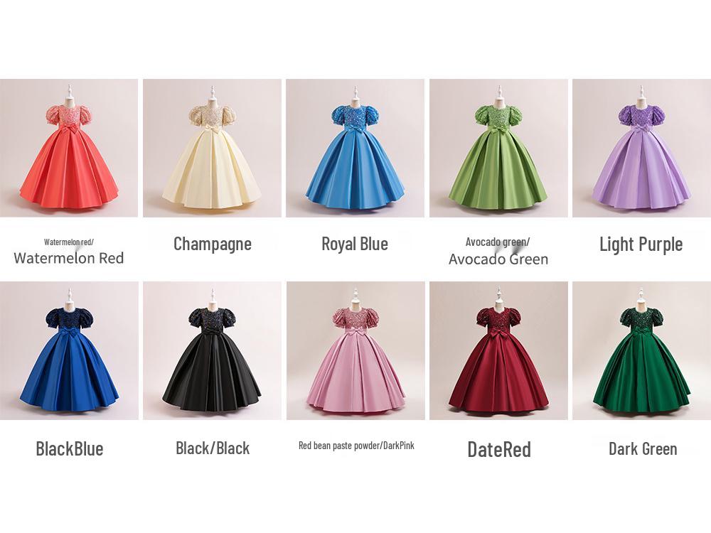 New Girls' Princess Dress with Fine Sequins, Puff Sleeves, and Spliced Satin Tutu Skirt