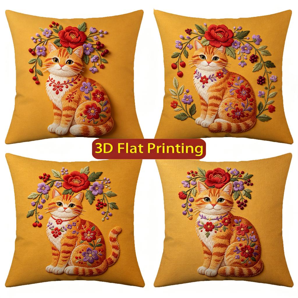 Vintage Embroidered Floral Orange Cat Throw Pillow Covers Pattern Cushion Cover Suitable For Sofa Bedroom Car Pillow Cover